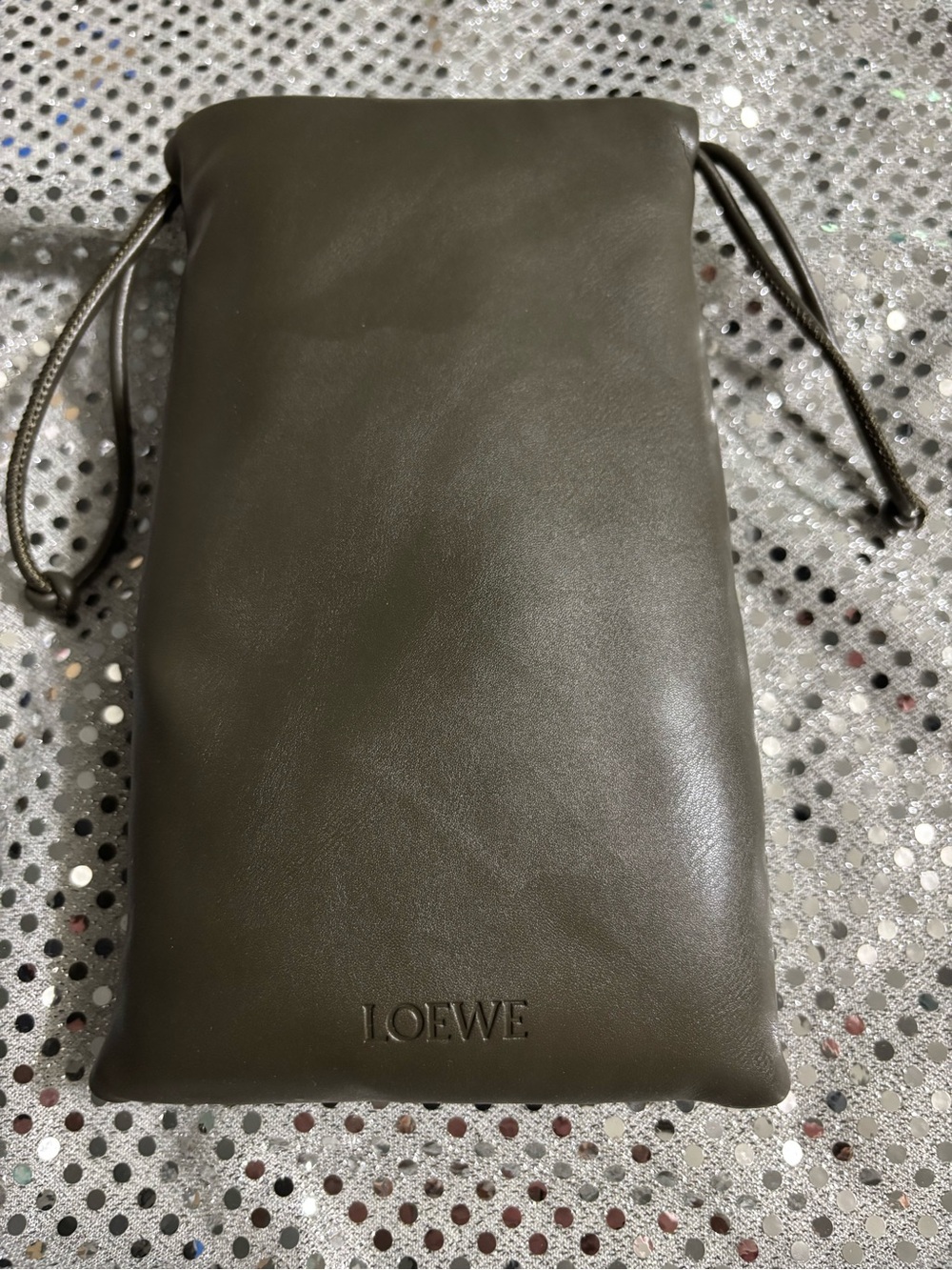 Loewe Olive Green Leather Drawstring Pouch New